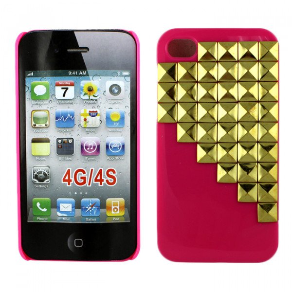 Wholesale iPhone 4 4S 3D Pyramid Studs Case (Gold - Pink)